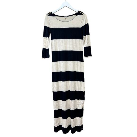 J. Crew Cream Black Linen Blend Side Slit Pullover Striped Maxi Dress Size XS - Picture 1 of 12